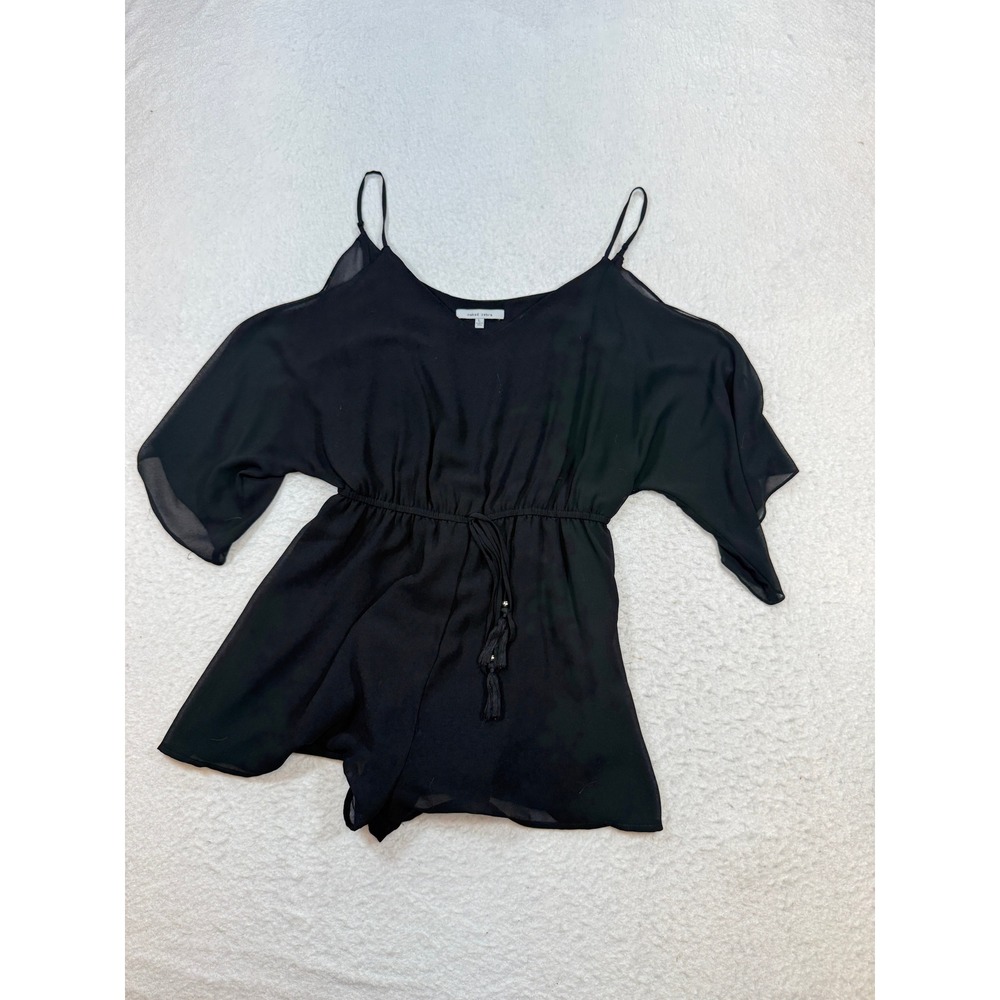 Naked Zebra Black Cold Shoulder Romper Sheer Sleeve Tassel Waist Size L